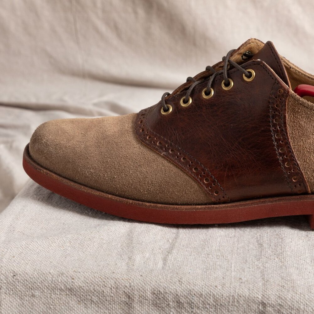 Vintage 90s Cole Haan Suede Saddle Oxford Brogue Shoes Tan Brown 10M Prep Trad - Picture 2 of 13